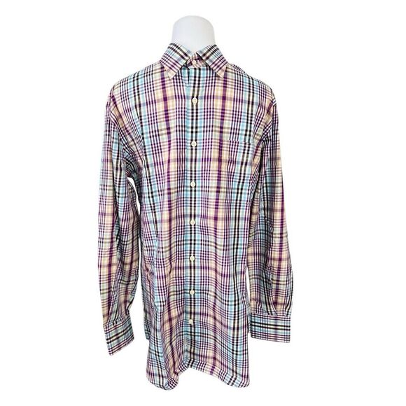 Peter Millar Spread Collar Blue Purple Yellow Plaid Shirt MEDIUM 34.5 Sleeve - Picture 1 of 10